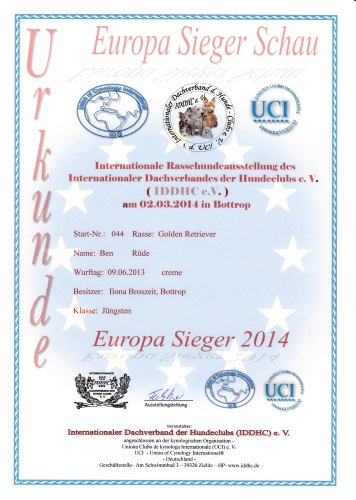 Urkunde Europa Sieger Schau 2014 klein