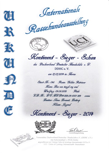 Urkunde Kontinent Sieger Schau 2014